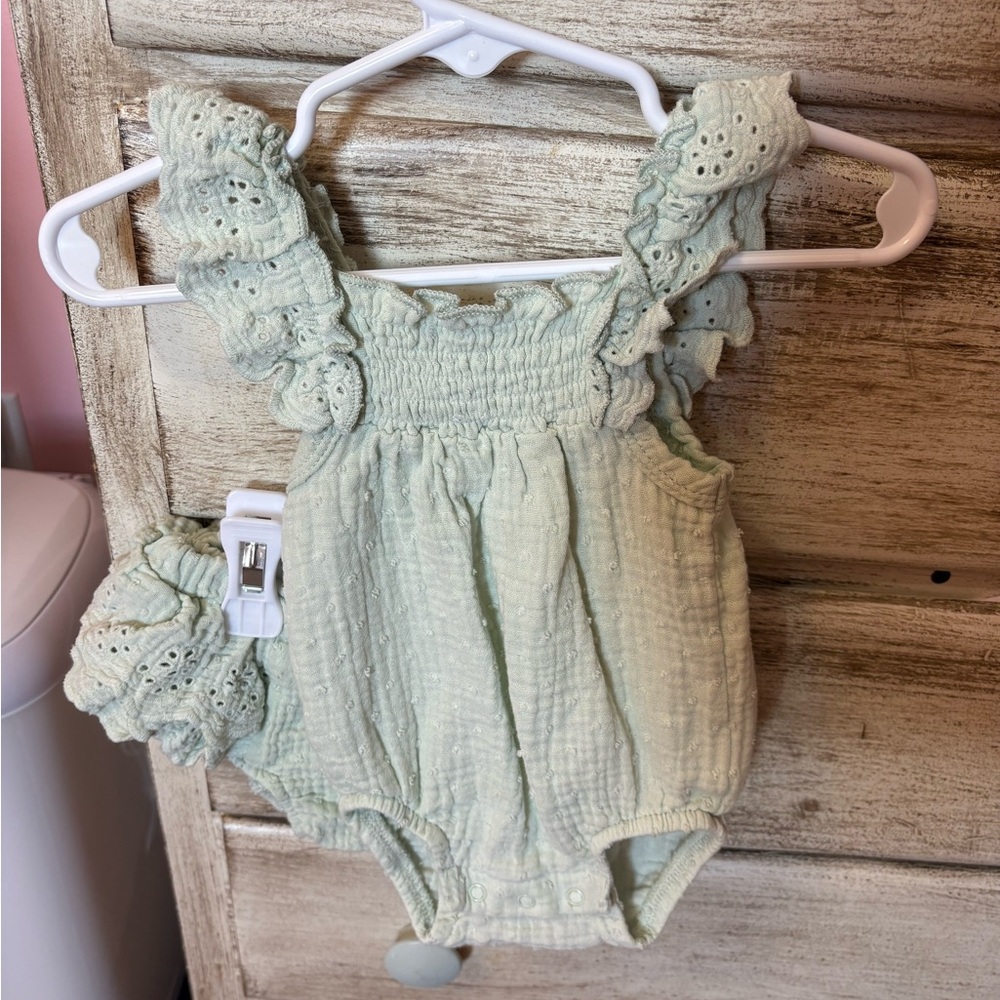 Rachel Zoe Mint Green Baby Romper with Ruffle Sleeves